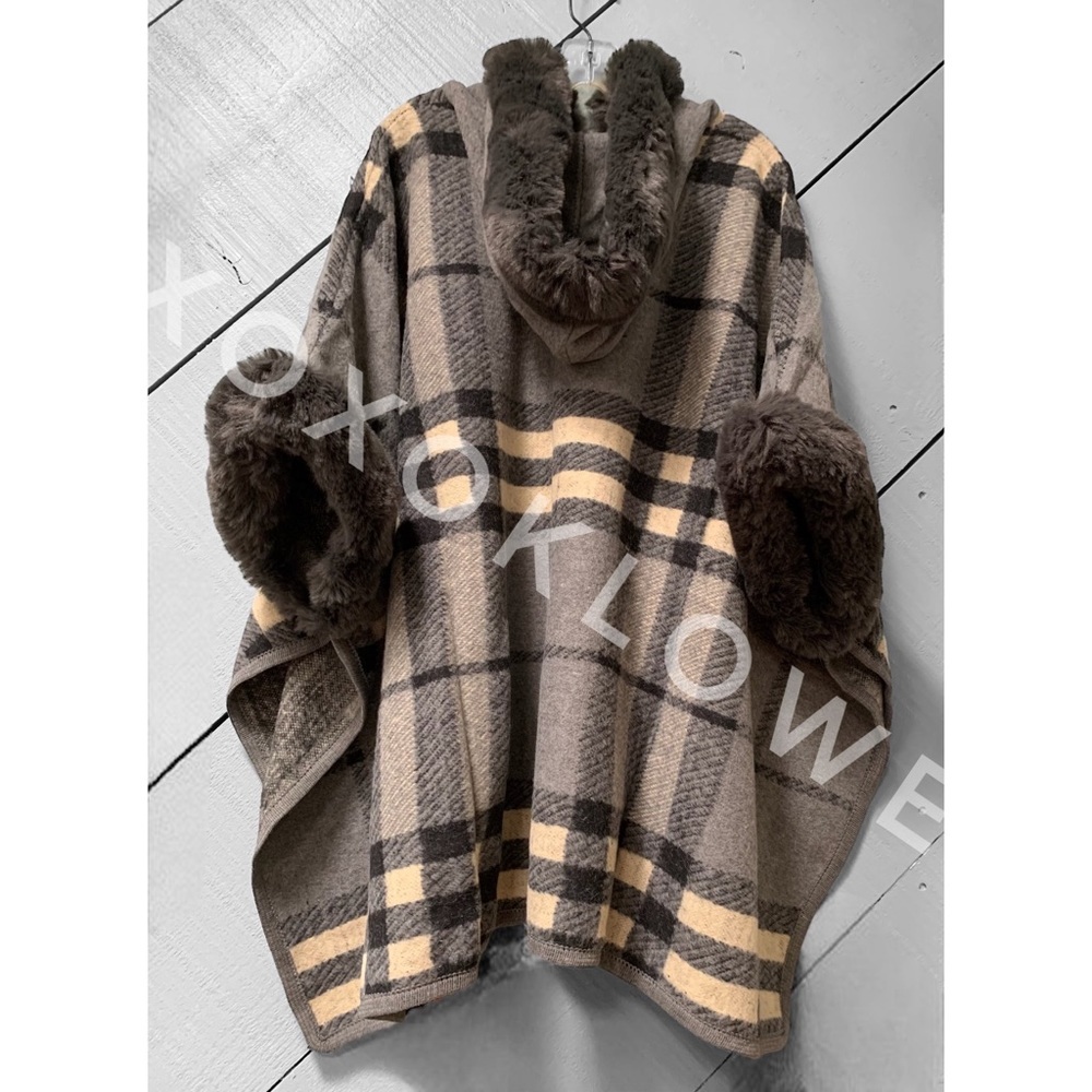 Gray & Cream Brushed Plaid Faux Fur Hooded Poncho - Picture 11 of 11